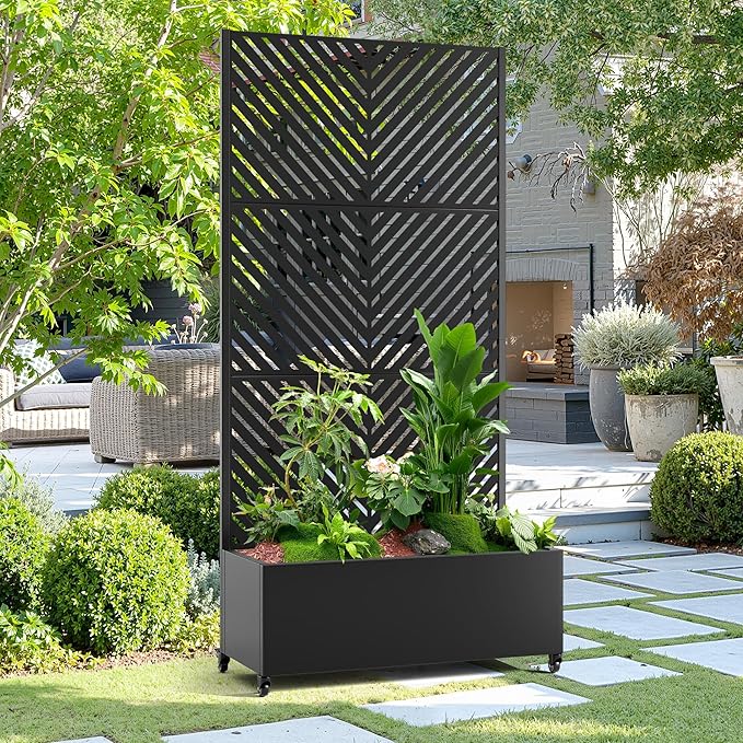 15.7"×70.9"×35.4" Metal Raised Garden Bed with Trellis and Wheels - Tall Trellis Planter Box for Climbing Plants, Vegetables & Vines - Outdoor Privacy Planters for Patio (Black-Parallel)