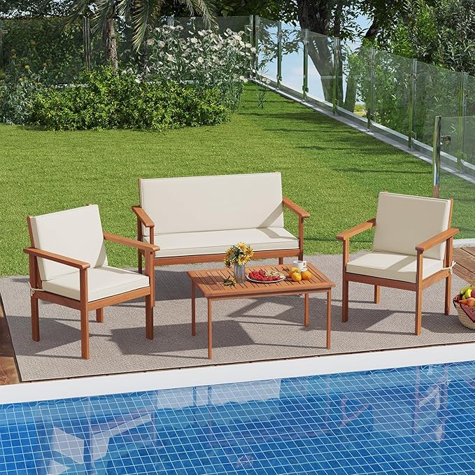 Tangkula Acacia Wood Patio Conversation Set, Outdoor Wooden Cushioned Chairs & Slatted Coffee Table Set,for Backyard, Porch, Balcony, Poolside and Lawn (Off White,1)