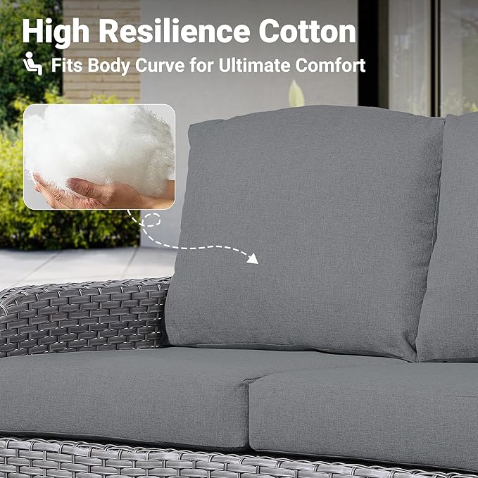 ovios 4 Pieces Patio Furniture Set, Outdoor Wicker Sofa with Coffee Table, Chairs, All Weather High Back Rattan Loveseat Couch with Comfy Cushions, Dark Grey