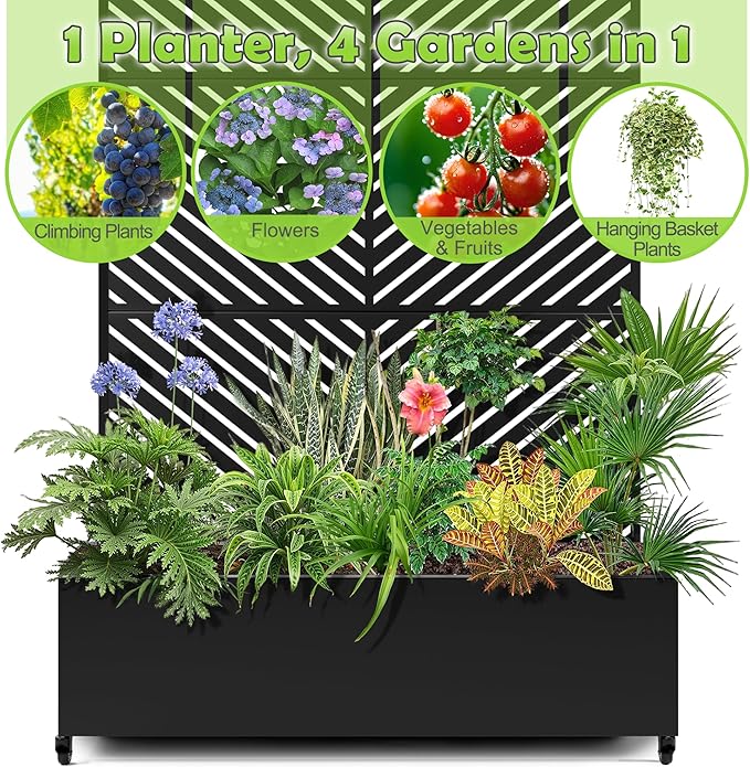 15.7"×70.9"×47.2" Metal Raised Garden Bed with Trellis and Wheels - Tall Trellis Planter Box for Climbing Plants, Vegetables & Vines - Outdoor Privacy Planters for Patio (Black-Parallel)