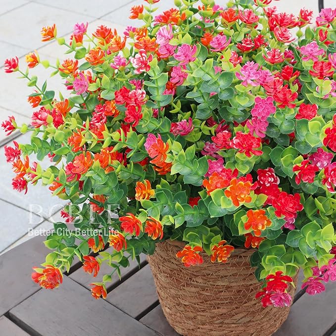 Artificial Flowers for Outdoors, 12 Bundles UV Resistant Realistic Faux Plants for Outside Porch Planter, Spring Summer Home Garden Decoration
