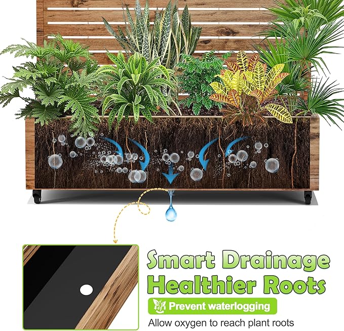 15.7"×70.9"×47.2" Metal Raised Garden Bed with Trellis and Wheels - Tall Trellis Planter Box for Climbing Plants, Vegetables & Vines - Outdoor Privacy Planters for Patio (Natural Wood Grain)