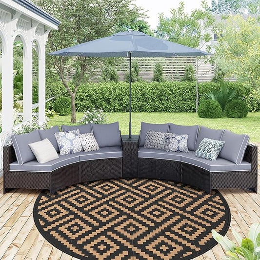 GENIMO 8' Round Outdoor Rug for Patios Clearance, Reversible Plastic Straw Rugs, RV Camping Mat for Camper, Balcony, Backyard, Picnic, Deck, Black & Brown