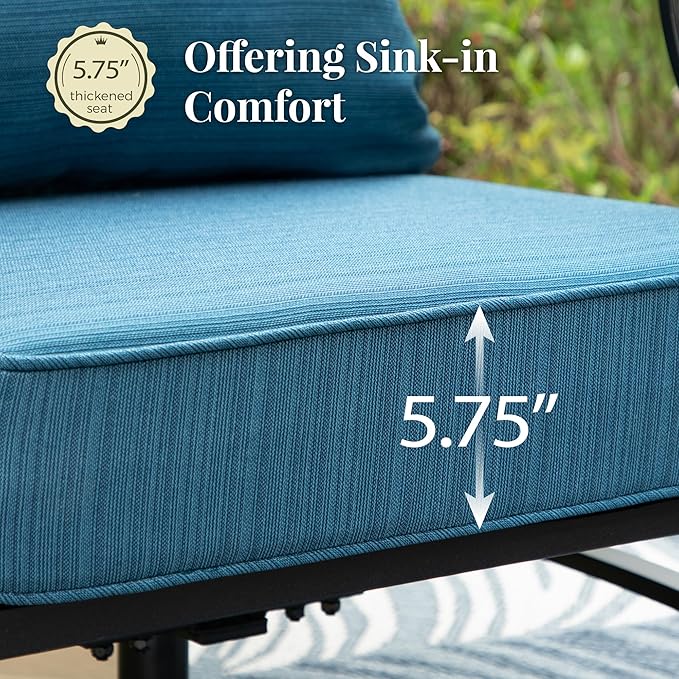 Patio Furniture Set 4 pcs, Metal Outdoor Patio Furniture, 3-Seat Sofa, 2 Swivel Chairs, Coffee Table and 5.75" Extra Thick Cushion, Conversation Set for Backyard Deck, Gemstone Blue