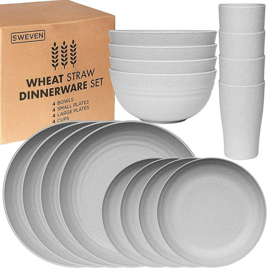 Wheat Straw Dinnerware Sets | Unbreakable Dinnerware Sets | Dishwasher Microwave Safe Dinnerware | Eco Friendly Non Breakable Dinnerware Sets | RV Outdoor Camping (Grey, Service for 4 (16 pcs))