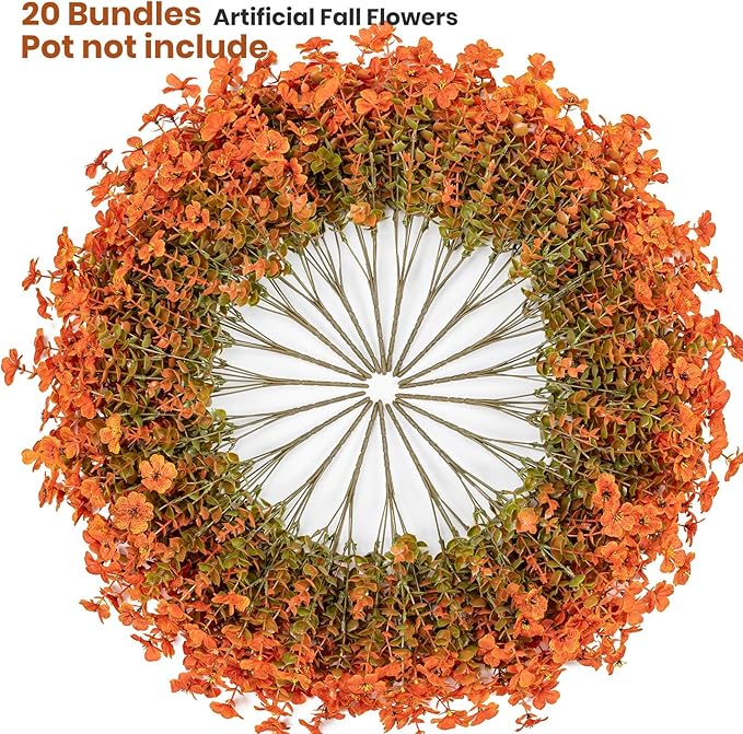 20 Bundles Artificial Fake Mums for Outdoor Fake Plants for Autumn Decoration,Faux Eucalyptus Flowers for Planter UV Resistant Lifelike for Home Porch Garden (Fall Orange)