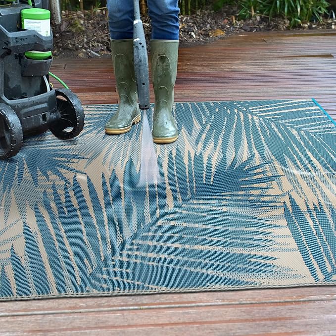 Rugshop Tropical Floral Reversible Crease-Free Waterproof Premium Recycled Plastic Outdoor Rugs for Patio,Backyard,RV,Deck,Picnic,Trailer,Beach,Camping Blue 5' x 7'
