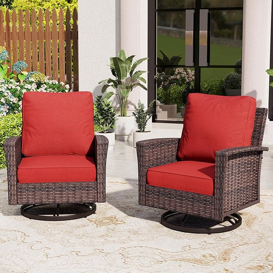 Patio Wicker Swivel Chairs Set of 2, Outdoor High Back Chairs with 5.5" Waterproof Cushions, Outdoor Furniture Set for Deck Porch and Yard, Peacock Blue