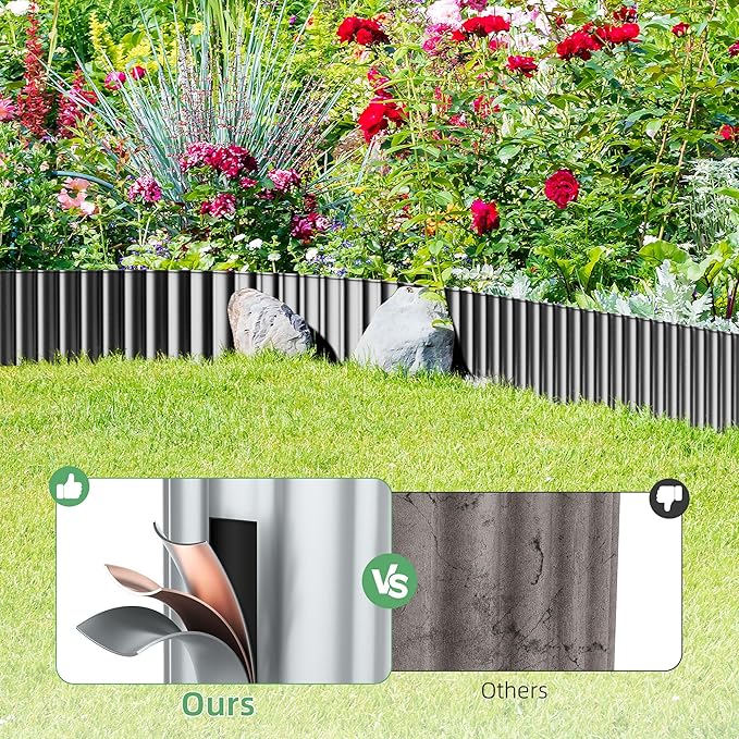 AHEONLAR Corrugated Metal Garden Edging, 5''×100Ft Garden Border Edging, Landscape Edging Border, Metal Edging for Landscaping, Garden, Pathway, Lawn, Flower Bed(Silver)