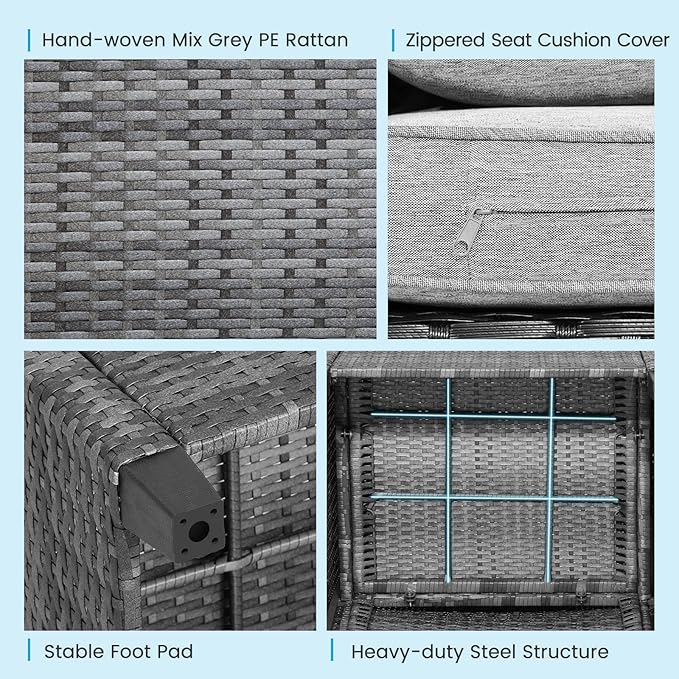 HAPPYGRILL 3 Pieces Patio Conversation Set, Outdoor Furniture Set PE Rattan Sofa Set with Removable Cushions, PE Wicker Chairs with Tempered Glass Side Table for Porch Lawn Garden Balcony Backyard