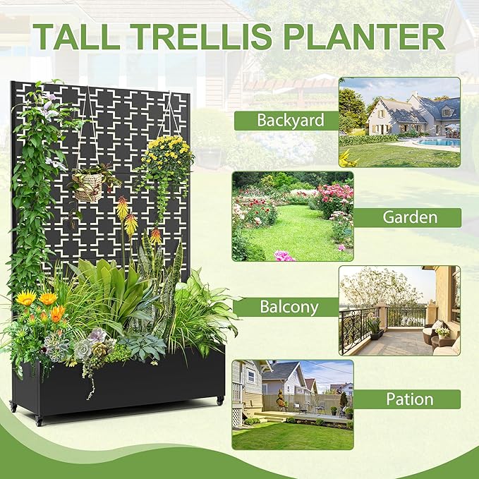 Raised Garden Bed with Trellis and Wheels,73"x47"x16" Metal Raised Garden Bed,Black Squared Metal Planter with Climbing Trellis for Vines & Vegetables