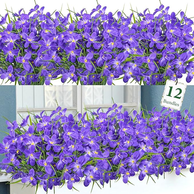 Ouddy Decor 12 Bundles Artificial Flowers for Outdoors Decoration, Fake Freesia Silk Flowers UV Resistant Artificial Plants for Summer Indoor Outside Garden Wedding Farmhouse Porch Home Decor, Purple