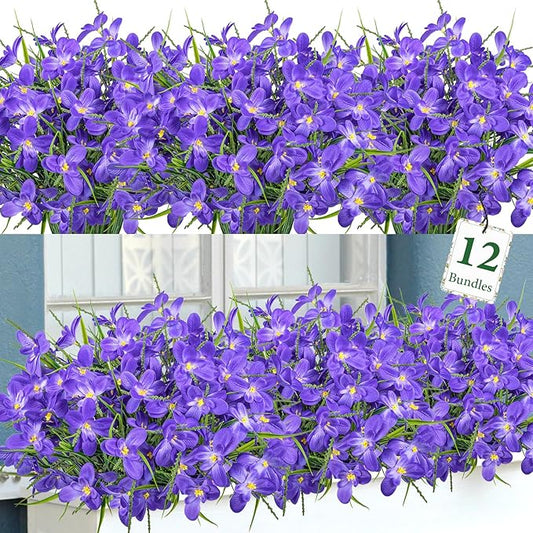 Ouddy Decor 12 Bundles Artificial Flowers for Outdoors Decoration, Fake Freesia Silk Flowers UV Resistant Artificial Plants for Summer Indoor Outside Garden Wedding Farmhouse Porch Home Decor, Purple