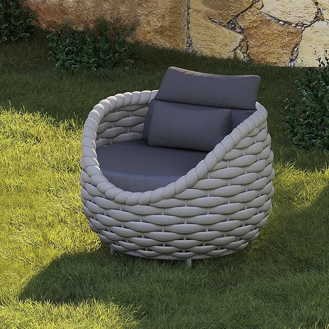 4 PCS Deck Furniture Accent Chair: Aluminum Woven Rope Chair - Outdoor Lounge Armchair Cushioned - Modern Patio Seating Assembled - All Weather for 400lbs Porch Lanai Balcony Yard Garden Hotel