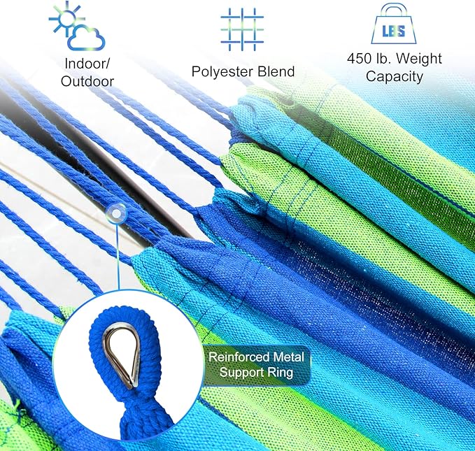 SZHLUX Double Hammock with Stand Included 450lb Capacity Steel Stand, Premium Carry Bag Included.Indoor Outdoor Brazilian-Style Cotton Bed for Backyard, Camping,Garden,Green