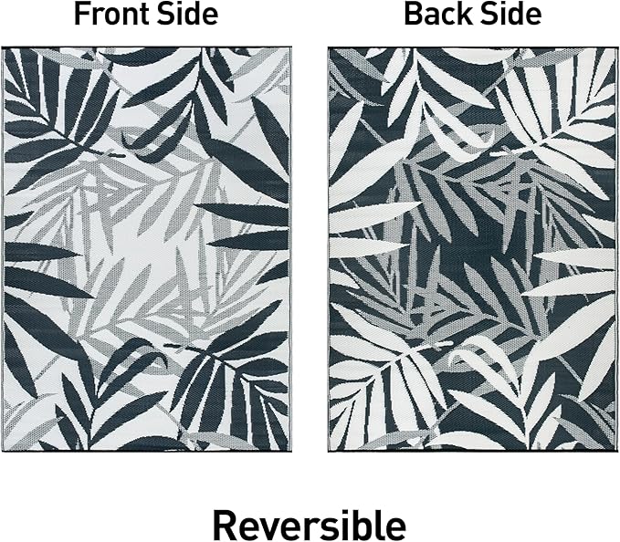 Rugshop Contemporary Floral Leaves Reversible Crease-Free Waterproof Premium Recycled Plastic Outdoor Rugs for Patio,Backyard,RV,Deck,Picnic,Trailer,Beach,Camping,Sunroom Navy 3' x 5'