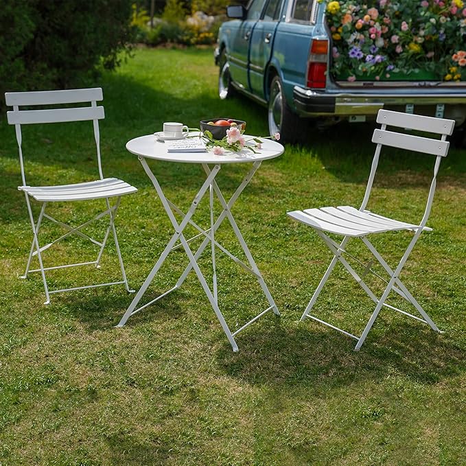 Grand patio 3-Piece Folding Bistro Set, 2 Chairs and 1 Table, Weather-Resistant Outdoor/Indoor Conversation Set for Patio, Yard, Garden-White