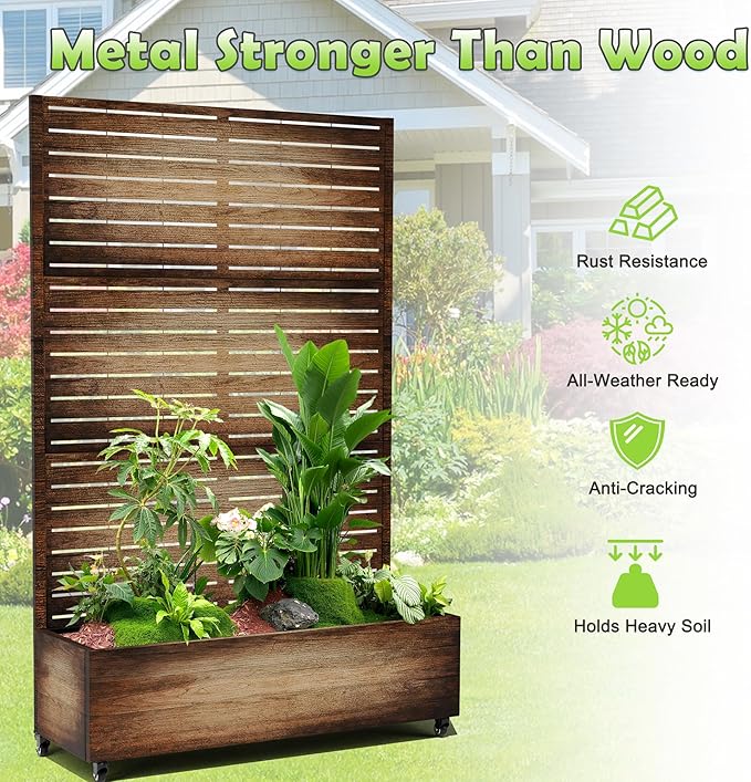 15.7"×70.9"×47.2" Metal Raised Garden Bed with Trellis and Wheels - Tall Trellis Planter Box for Climbing Plants, Vegetables & Vines - Outdoor Privacy Planters for Patio (Vintage Wood Grain)