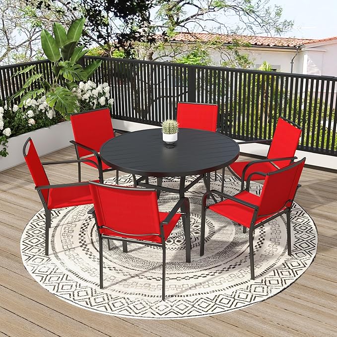 7-Piece Outdoor Dining Set, 48'' Round Table with 6 Stackable Chairs All Weather Furniture Set - Cherry