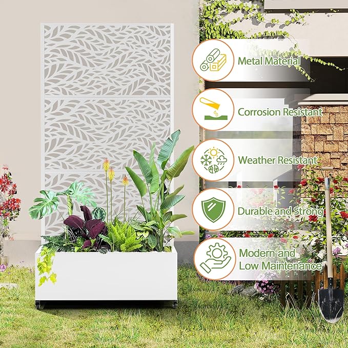 Raised Garden Bed with Trellis and Wheels,73"x35"x16" Metal Raised Garden Bed,White Flowing Leaf Metal Planter with Climbing Trellis for Vines & Vegetables