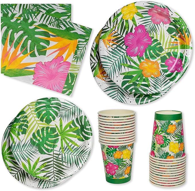 Royal Bluebonnet Luau Plates and Napkins - Set of 24 Tropical Party Supplies, Hawaiian Party Decorations, Disposable Tropical Plates for Hibiscus Luau Birthday, Hawaiian Floral Paper Products
