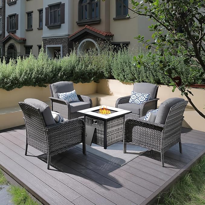 ovios 4 Pieces Patio Furniture Set with 30" Fire Pit Table, Outdoor Wicker Chairs of 4, All Weather High Back Rattan Chairs 4-Seater with Comfy Cushions, Dark Grey