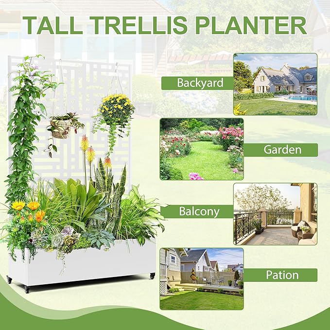 Raised Garden Bed with Trellis and Wheels,73"x47"x16" Metal Raised Garden Bed,White Modern Metal Planter with Climbing Trellis for Vines & Vegetables