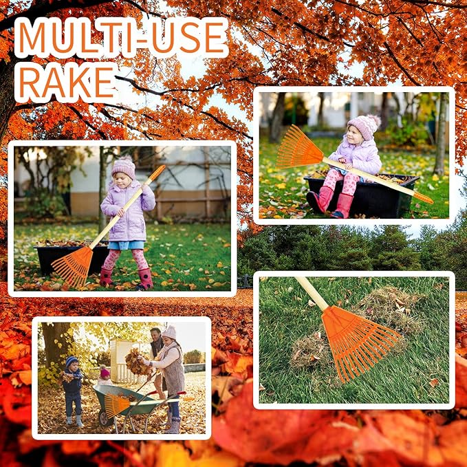 Kids Rakes, 4 Pieces 31" Heavy Duty Lawn Tool for Leaves, Child Size, Plastic Head & Wooden Handle, Gardening Tools for Boys Girls Gifts Age 3 Year Old and Up