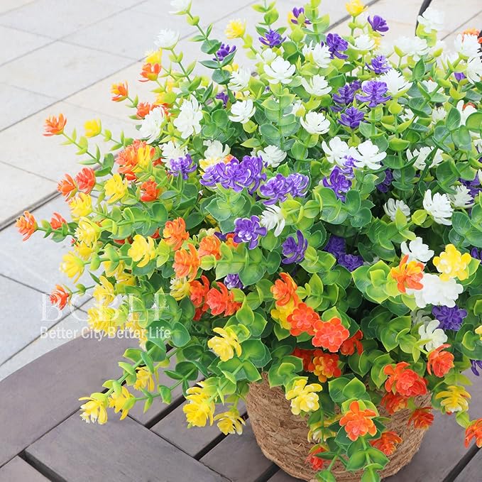 Artificial Flowers for Outdoors, 12 Bundles UV Resistant Realistic Faux Plants for Outside Porch Planter, Spring Summer Home Garden Decoration
