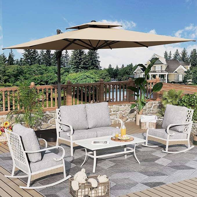 4 Piece Patio Furniture Set, 2 x Rocking Chair, 1 x 2-Seat Sofa with Marbling Coffee Table, 4 Seats Outdoor Conversation Set for Lawn Garden Backyard, Light Gray