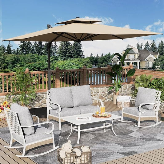 4 Piece Patio Furniture Set, 2 x Rocking Chair, 1 x 2-Seat Sofa with Marbling Coffee Table, 4 Seats Outdoor Conversation Set for Lawn Garden Backyard, Light Gray