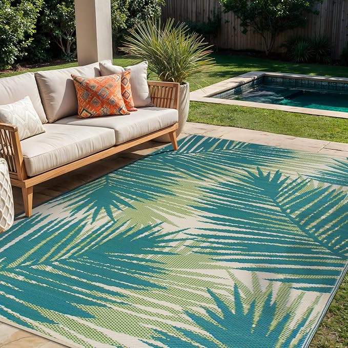 Rugshop Tropical Floral Reversible Foldable Waterproof Premium Recycled Plastic Outdoor Rugs for Patio,Backyard,RV,Deck,Picnic,Trailer,Beach,Camping Rug 9' X 18' Green