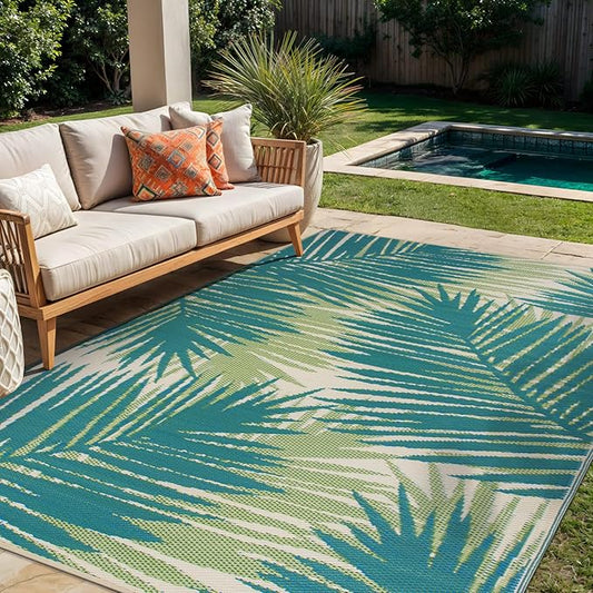Rugshop Tropical Floral Reversible Foldable Waterproof Premium Recycled Plastic Outdoor Rugs for Patio,Backyard,RV,Deck,Picnic,Trailer,Beach,Camping Rug 6' X 9' Green
