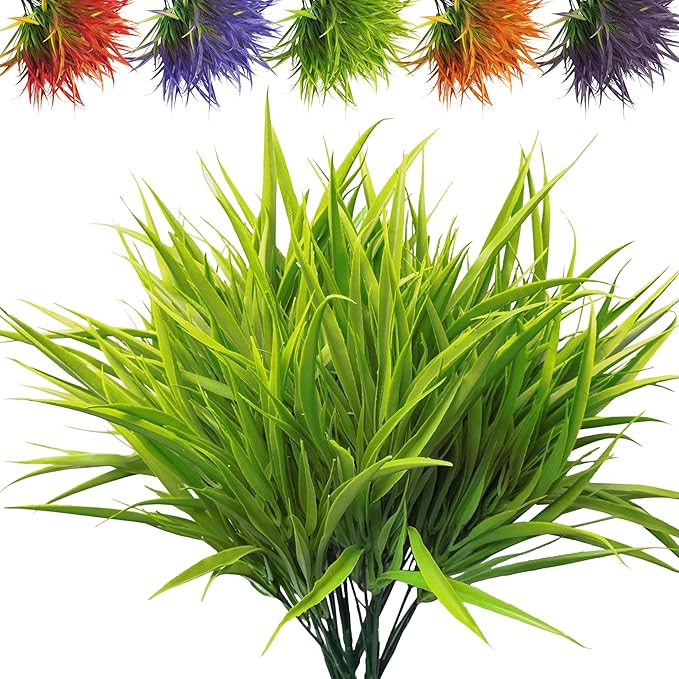 Outdoor Artificial Plants 8 Bundles Fake Plants Grass UV Resistant Fake Flowers Bush Greenery,17Inch Tall Faux Grass Shrubs for Home Porch Pathway Garden Décor Outside Indoor (Green)