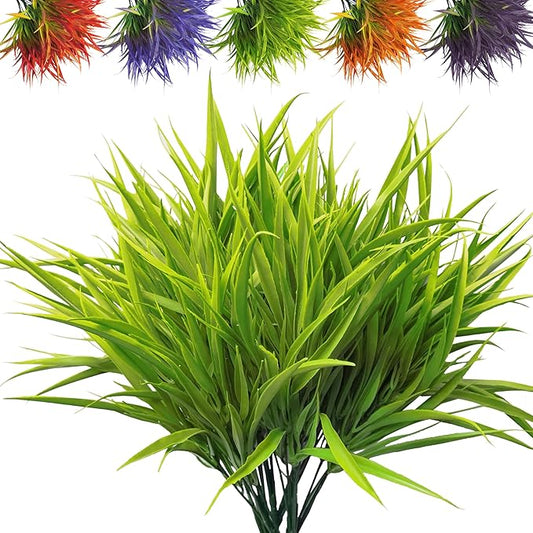 Outdoor Artificial Plants 8 Bundles Fake Plants Grass UV Resistant Fake Flowers Bush Greenery,17Inch Tall Faux Grass Shrubs for Home Porch Pathway Garden Décor Outside Indoor (Green)