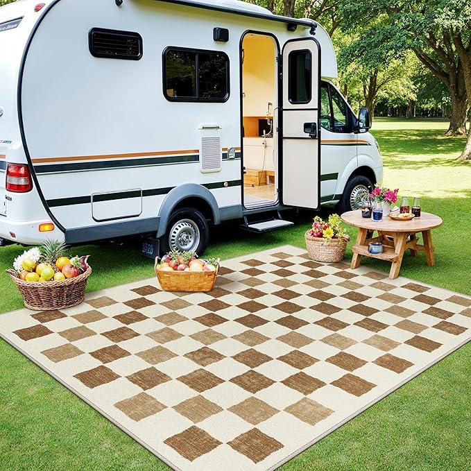 GENIMO Outdoor Rug for Patio Clearance, 9'x12' Reversible Plastic Straw Rugs, Lightweight Waterproof RV Camping Mat for Camper, Balcony, Deck, Backyard, Picnic, BrownBeige