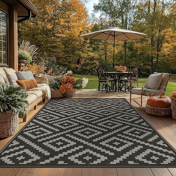 GENIMO Outdoor Rug for Patio Clearance,9'x12' Waterproof Large Mat,Reversible Plastic Camping Rugs,Rv,Porch,Deck,Camper,Balcony,Backyard,Black & Gray