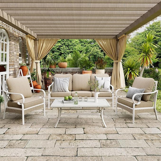 4 Piece Patio Furniture Set, 2 x Fixed Chair, 1 x 3-Seat Sofa with Marbling Coffee Table, All Cushioned 5 Seats Outdoor Conversation Set for Lawn Garden Backyard, Beige
