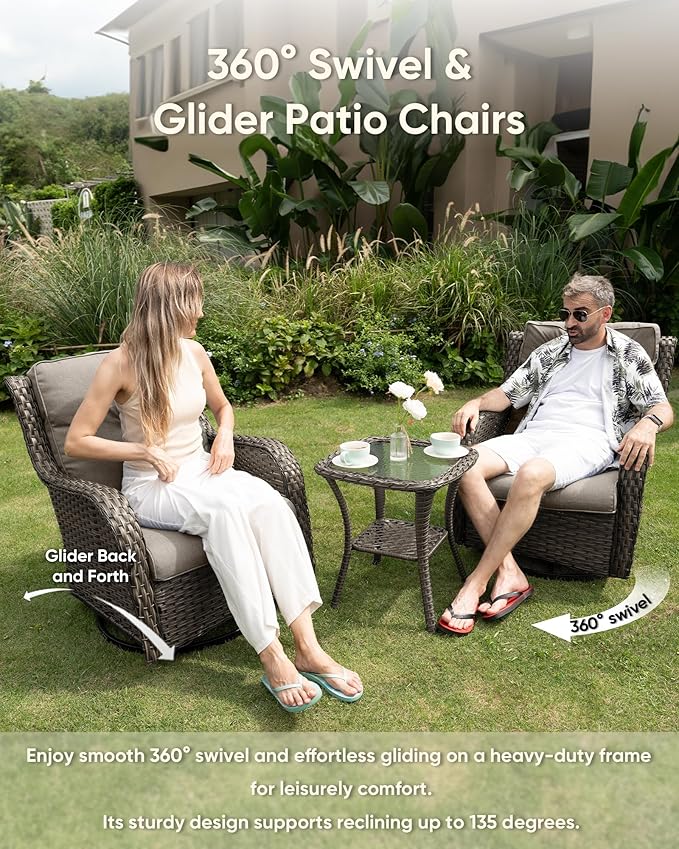 HUMMUH 6-Piece Outdoor Wicker Patio Furniture Set with Swivel Glider Chairs, Loveseat & Ottomans 5” Olefin Cushions Ergonomic Neck-Lumbar Backrest All-Weather Rattan for Garden, Deck, Porch