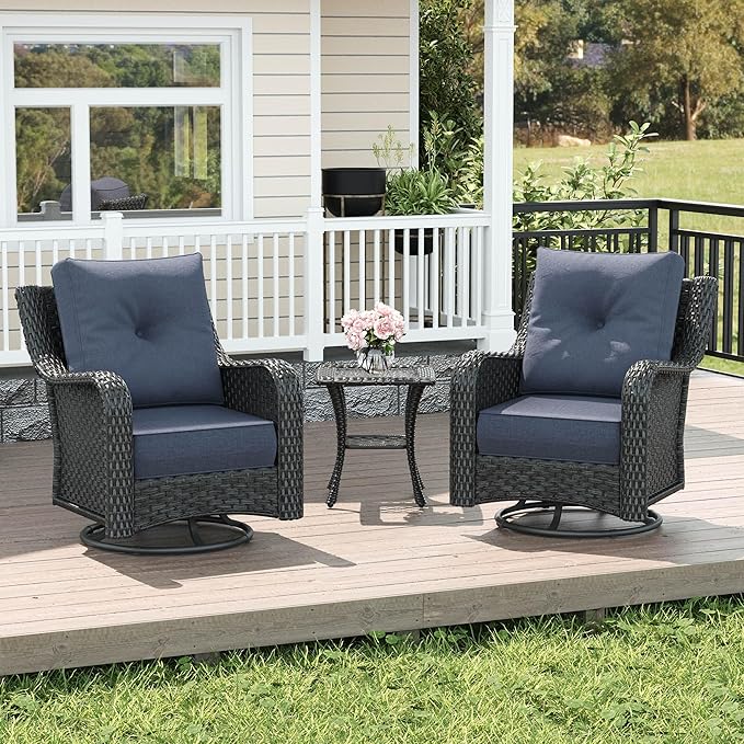 LayinSun 3 Piece Wicker Outdoor Furniture Set with 6-inch Comfy Cushions, High Back Patio Furniture Set with Swivel Rocking Chairs and Side Table