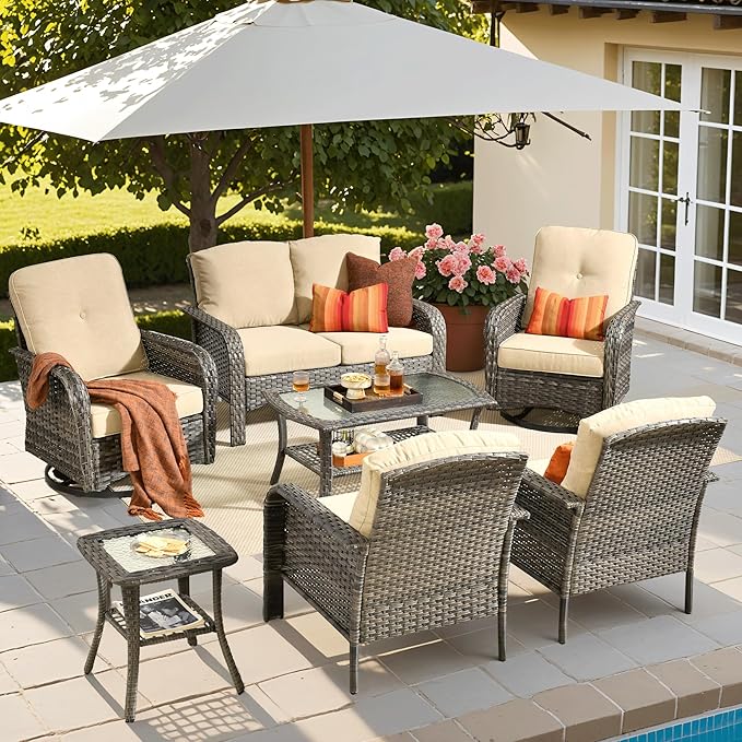 ovios 7 Pieces Patio Furniture Set, Outdoor Wicker Sofa with Swivel Chairs, Coffee Table, All Weather High Back Rattan Loveseat Couch with Comfy Cushions, Beige