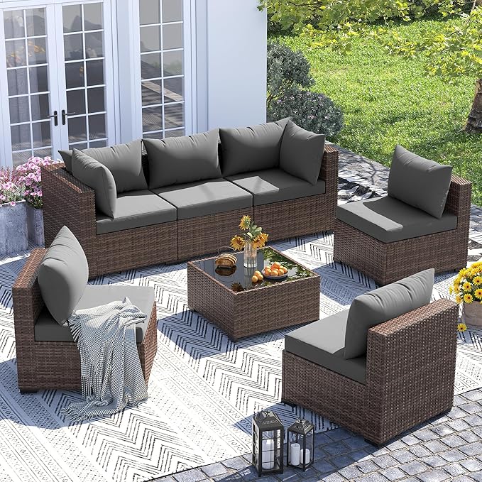 UDPATIO Patio Furniture Set, 7 Piece Outdoor Sectional Sofas with Wicker Coffee Table, Outdoor Patio Conversation Set for Garden, Backyard Dark Grey