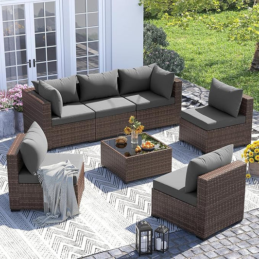 UDPATIO Patio Furniture Set, 7 Piece Outdoor Sectional Sofas with Wicker Coffee Table, Outdoor Patio Conversation Set for Garden, Backyard Dark Grey