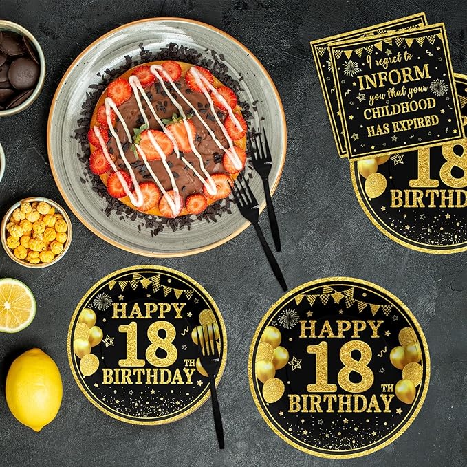 Grencian 96Pcs Happy 18th Birthday Decorations Black and Gold Birthday Plates and Napkins Gold and Black 18th Birthday Tableware Sets for Boys Girls 18 Year Old Birthday Party Supplies Serve 24