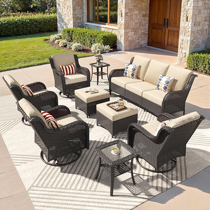 ovios 9 Pieces Patio Furniture Set, Outdoor Wicker Sofa Couch with Swivel Chairs Ottomans Comfy Cushions, All Weather High Back Modern Conversation Sets, Brown Rattan, Beige