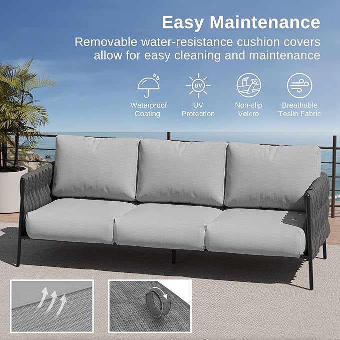 EAST OAK Patio Sofa 3-Seater, Outdoor All-Weather Couch with 6.7" Thick Washable Cushions, Heavy-Duty Steel Frame, Modern Garden/Porch/Backyard Furniture, Grey
