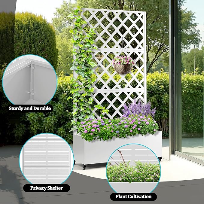 Metal Planter Box with Trellis, Planter Box with Privacy Screen, Privacy Trellis Outdoor for Climbing Plants with Drainage Holes, Raised Garden Bed with Wheels