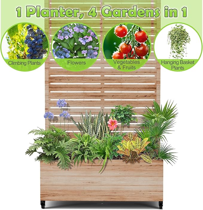15.7"×70.9"×35.4" Metal Raised Garden Bed with Trellis and Wheels - Tall Trellis Planter Box for Climbing Plants, Vegetables & Vines - Outdoor Privacy Planters for Patio (Acacia Wood Grain)