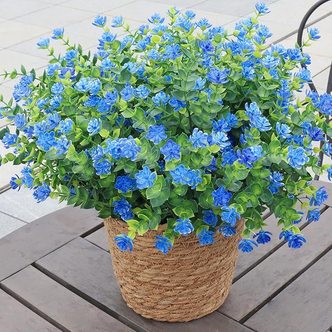 Artificial Flowers for Outdoors, 12 Bundles UV Resistant Realistic Faux Plants for Outside Porch Planter, Spring Summer Home Garden Decoration, Blue