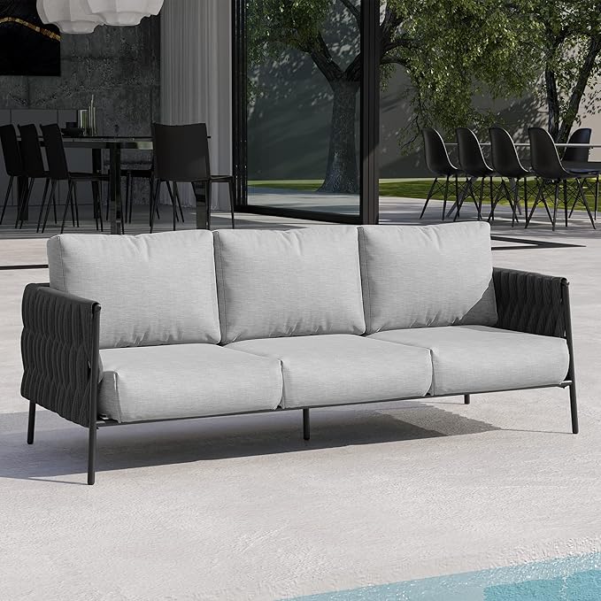 EAST OAK Patio Sofa 3-Seater, Outdoor All-Weather Couch with 6.7" Thick Washable Cushions, Heavy-Duty Steel Frame, Modern Garden/Porch/Backyard Furniture, Grey